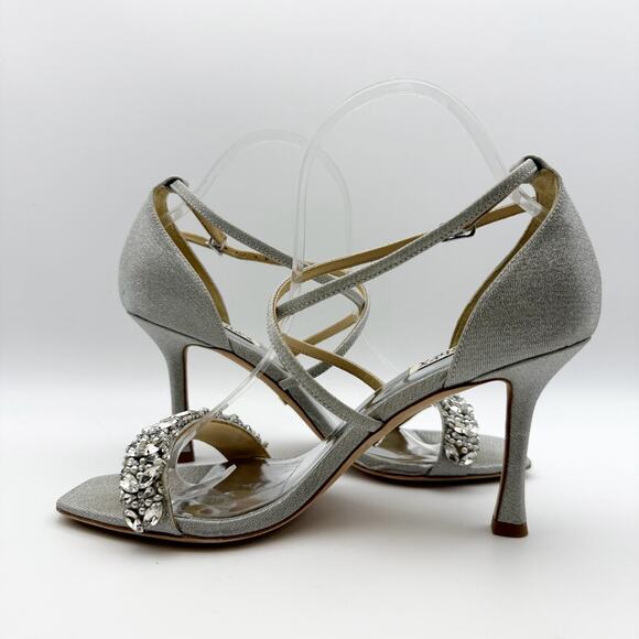 Badgley Mischka Womens Nala Glitter Strappy Heels US 8 Silver Satin NWOB - Picture 6 of 11